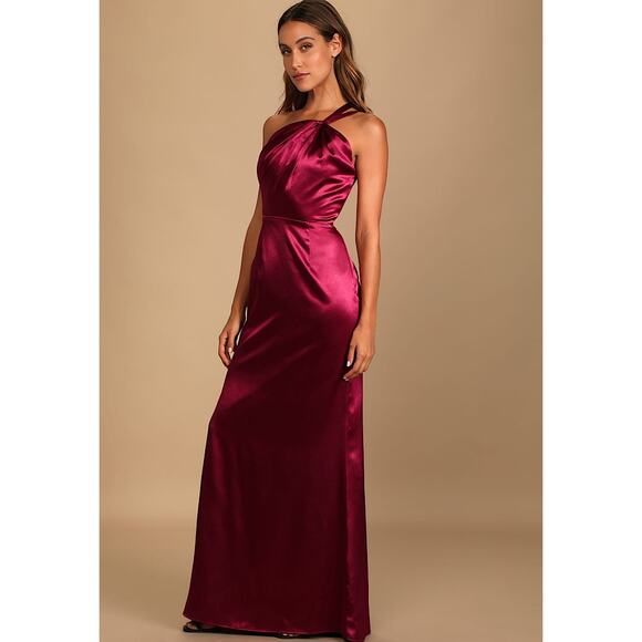 Lulus womens small Devotion to Love Wine Satin One-Shoulder Maxi Dress wine red - Picture 1 of 6